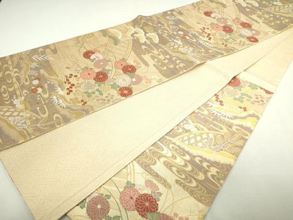 平和屋着物◎六通柄袋帯　九百織　花宴の舞　流水草花文　金糸　正絹　逸品　DAAY7621sf