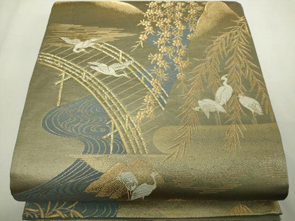 平和屋着物◎六通柄袋帯 唐織 群鶴風景文 金糸 正絹 逸品 DAAY7622sf