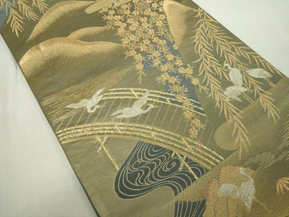 平和屋着物◎六通柄袋帯 唐織 群鶴風景文 金糸 正絹 逸品 DAAY7622sf