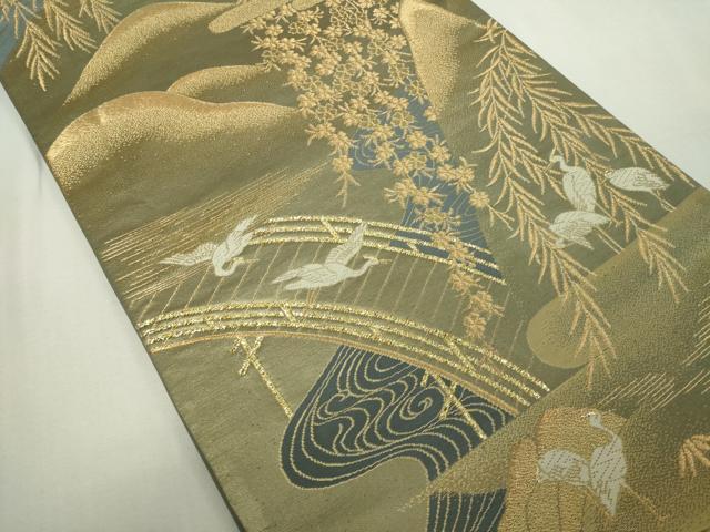 平和屋着物◎六通柄袋帯 唐織 群鶴風景文 金糸 正絹 逸品 DAAY7622sf