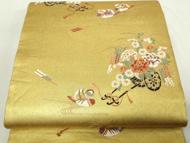 平和屋着物◎六通柄袋帯 唐織 花車絵文 金糸 正絹 逸品 DAAY7625sf