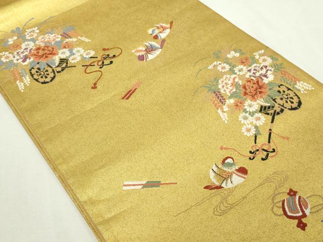 平和屋着物◎六通柄袋帯 唐織 花車絵文 金糸 正絹 逸品 DAAY7625sf