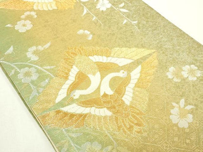 平和屋着物◎六通柄袋帯　唐織　双鶴枝垂れ桜文　金糸　正絹　逸品　DAAY7634sf