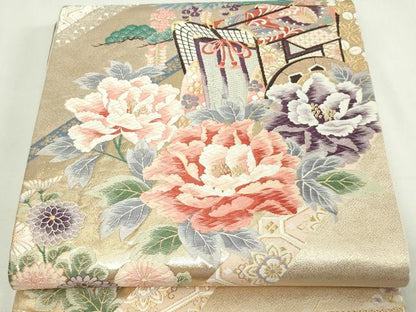 平和屋着物◎六通柄袋帯　唐織　御所車花文　松竹梅　金糸　正絹　逸品　DAAY7764sf