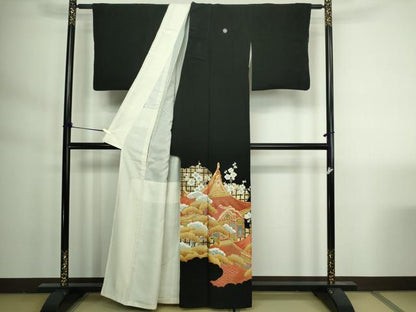 平和屋着物■豪華黒留袖 駒刺繍 風景梅松文 金彩 正絹 逸品 DAAY7849sf