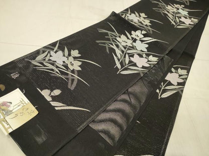 平和屋着物＊夏物 西陣 京都イシハラ謹製 六通柄袋帯 涼 草花文 黒地 銀糸 証紙付き 正絹 逸品 DAAY8004cm