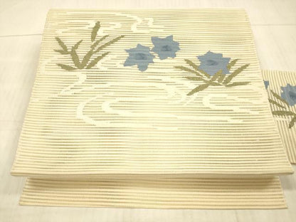 平和屋着物＊夏物 絽綴れ 八寸名古屋帯 流水草花文 銀糸 正絹 逸品 DAAY8011cm