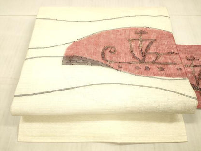 平和屋着物＊夏物 九寸名古屋帯 櫛織 抽象文様 銀糸 正絹 逸品 DAAY8012cm
