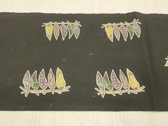 平和屋着物＊夏物 九寸開き名古屋帯 型染 成り物 黒地 正絹 逸品 DAAY8020cm