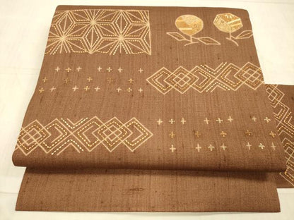 平和屋着物＊夏物 九寸名古屋帯 紬地 刺繍 刺し子 抽象花文 正絹 逸品 DAAY8030cm