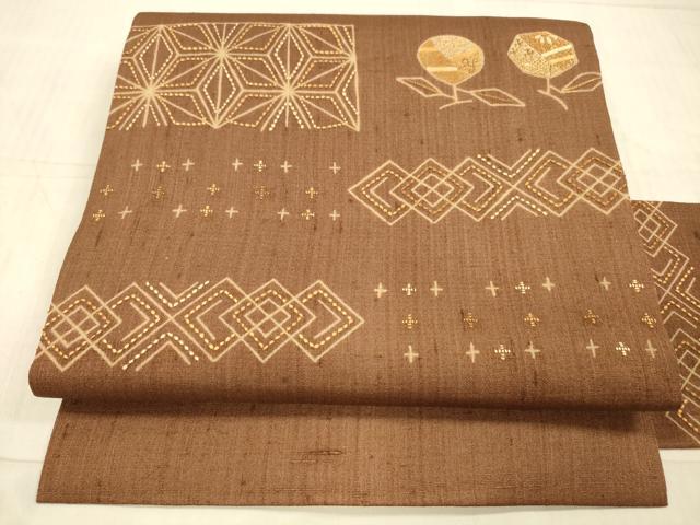 平和屋着物＊夏物 九寸名古屋帯 紬地 刺繍 刺し子 抽象花文 正絹 逸品 DAAY8030cm