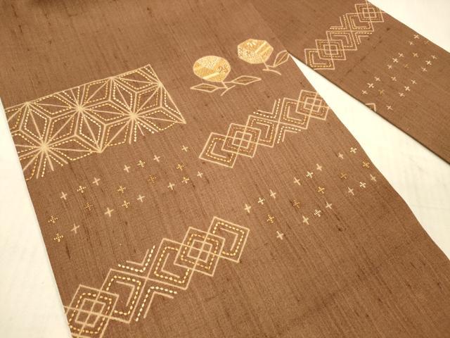 平和屋着物＊夏物 九寸名古屋帯 紬地 刺繍 刺し子 抽象花文 正絹 逸品 DAAY8030cm