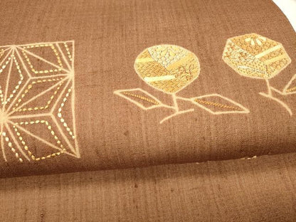 平和屋着物＊夏物 九寸名古屋帯 紬地 刺繍 刺し子 抽象花文 正絹 逸品 DAAY8030cm