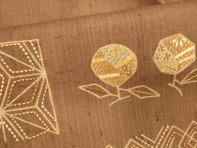 平和屋着物＊夏物 九寸名古屋帯 紬地 刺繍 刺し子 抽象花文 正絹 逸品 DAAY8030cm