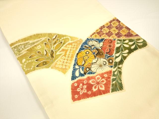平和屋着物●太鼓柄袋帯　地紙草花文　辻が花　正絹　逸品　DAAY8033cm