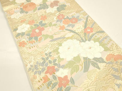 平和屋着物●六通柄袋帯　唐織　流水草花文　金糸　正絹　逸品　DAAY8042cm