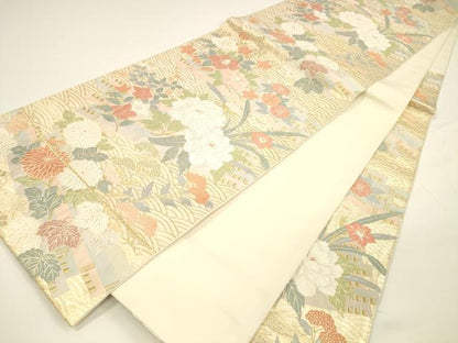 平和屋着物●六通柄袋帯　唐織　流水草花文　金糸　正絹　逸品　DAAY8042cm