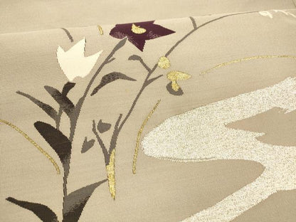 平和屋着物●爪掻き本綴れ　八寸名古屋帯　一重帯　草花文　金銀糸　正絹　逸品　DAAY8060cm