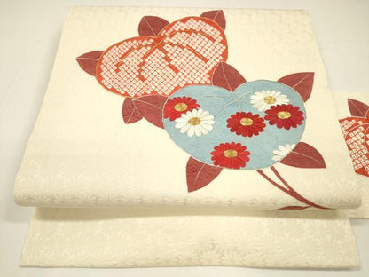平和屋着物●九寸名古屋帯 駒刺繍 鹿の子枝花文 正絹 逸品 DAAY8077cm