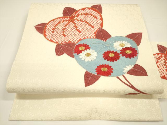 平和屋着物●九寸名古屋帯 駒刺繍 鹿の子枝花文 正絹 逸品 DAAY8077cm