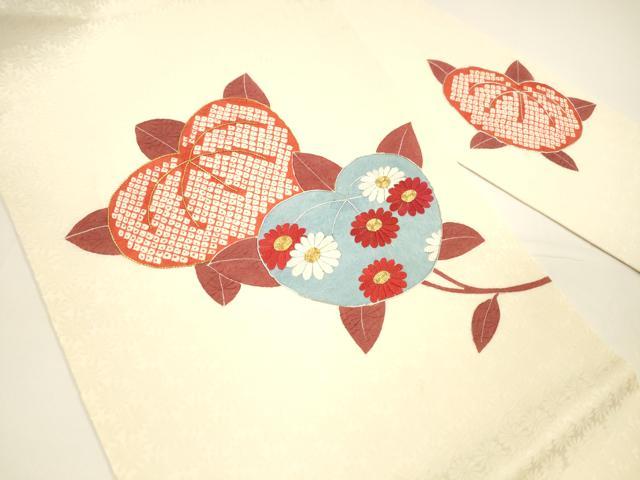 平和屋着物●九寸名古屋帯 駒刺繍 鹿の子枝花文 正絹 逸品 DAAY8077cm