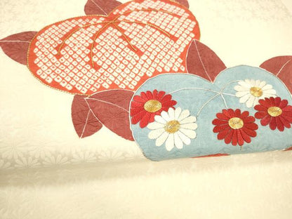 平和屋着物●九寸名古屋帯 駒刺繍 鹿の子枝花文 正絹 逸品 DAAY8077cm