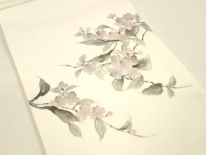 平和屋着物●塩瀬 九寸開き名古屋帯 手描き 枝花文 金銀彩 反端付き 正絹 逸品 DAAY8096cm