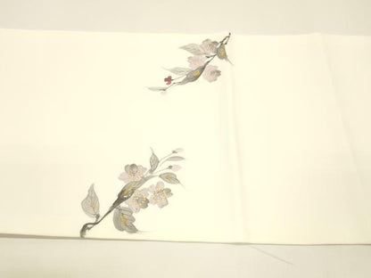 平和屋着物●塩瀬 九寸開き名古屋帯 手描き 枝花文 金銀彩 反端付き 正絹 逸品 DAAY8096cm