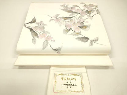 平和屋着物●塩瀬 九寸開き名古屋帯 手描き 枝花文 金銀彩 反端付き 正絹 逸品 DAAY8096cm