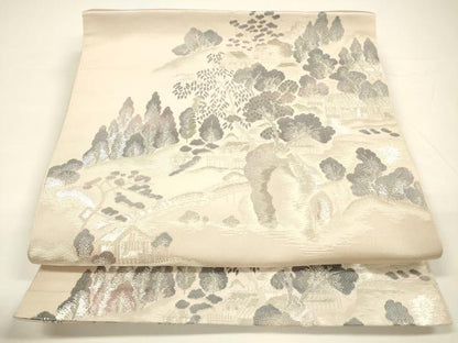 平和屋着物●本場筑前博多織 八寸名古屋帯 風景文 献上 銀糸 正絹 逸品 DAAY8097cm