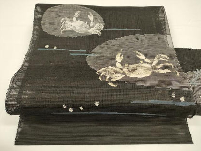 平和屋着物＊夏物 八寸名古屋帯 蟹 黒地 金銀糸 正絹 逸品 DAAY8110cm