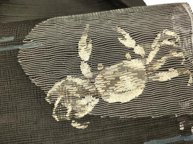 平和屋着物＊夏物 八寸名古屋帯 蟹 黒地 金銀糸 正絹 逸品 DAAY8110cm
