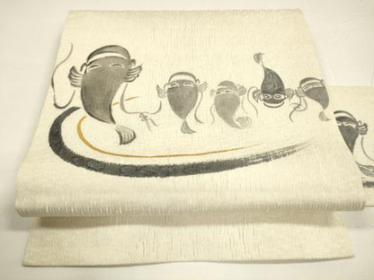 平和屋着物＊夏物 九寸名古屋帯 手描き 魚 ナマズ 金彩 正絹 逸品 DAAY8111cm