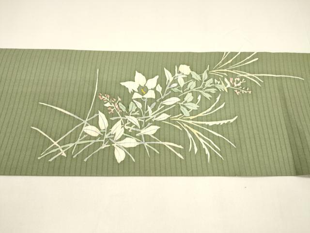 平和屋着物＊夏物 絽塩瀬 九寸名古屋帯 ろうけつ染め 草花文 正絹 逸品 DAAY8112cm