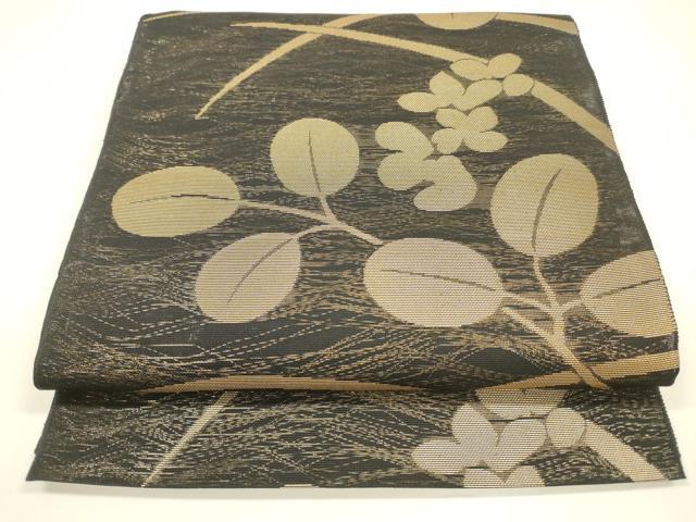平和屋着物＊夏物 六通柄 本袋帯 草葉文 黒地 金糸 正絹 逸品 DAAY8121cm