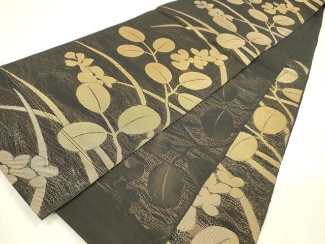 平和屋着物＊夏物 六通柄 本袋帯 草葉文 黒地 金糸 正絹 逸品 DAAY8121cm