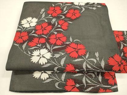 平和屋着物＊夏物 九寸名古屋帯 草花文 黒地 銀糸 正絹 逸品 DAAY8132cm