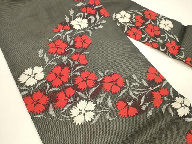平和屋着物＊夏物 九寸名古屋帯 草花文 黒地 銀糸 正絹 逸品 DAAY8132cm