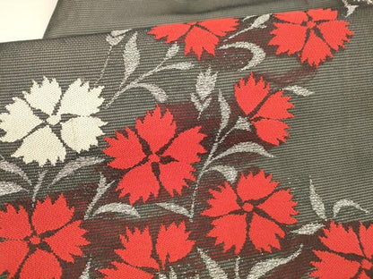 平和屋着物＊夏物 九寸名古屋帯 草花文 黒地 銀糸 正絹 逸品 DAAY8132cm