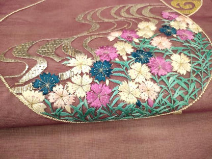 平和屋着物＊夏物 アンティーク 大正ロマン 中国三大刺繍 相良刺繍 総刺繍 九寸名古屋帯 流水草花文 金銀糸 正絹 逸品 DAAY8135cm