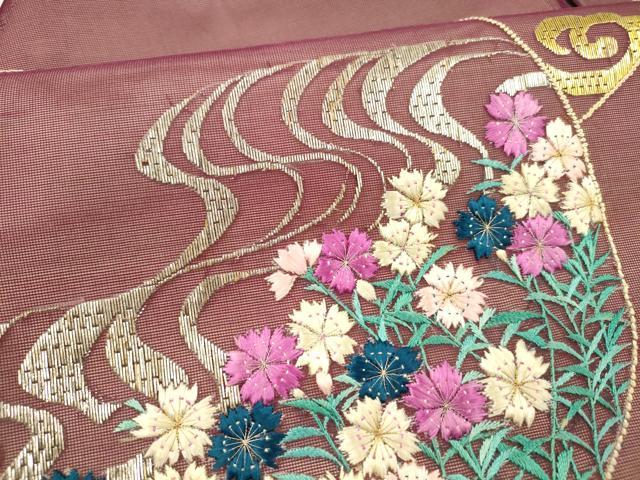平和屋着物＊夏物 アンティーク 大正ロマン 中国三大刺繍 相良刺繍 総刺繍 九寸名古屋帯 流水草花文 金銀糸 正絹 逸品 DAAY8135cm