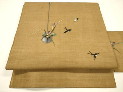 平和屋着物＊夏物 九寸名古屋帯 総刺繍 飾花文 燕 金糸 正絹 逸品 DAAY8137cm