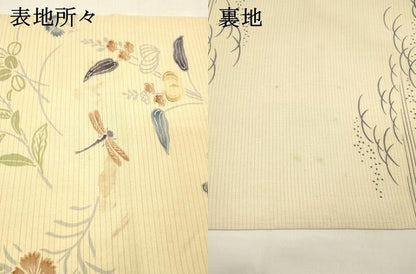 平和屋着物＊夏物 アンティーク 大正ロマン 両面 全通柄袋帯 引き抜き帯 駒刺繍 蜻蛉花蝶文 草花松文 正絹 逸品 DAAY8140cm