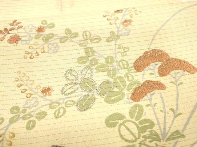 平和屋着物＊夏物 アンティーク 大正ロマン 両面 全通柄袋帯 引き抜き帯 駒刺繍 蜻蛉花蝶文 草花松文 正絹 逸品 DAAY8140cm