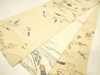 平和屋着物＊夏物 アンティーク 大正ロマン 両面 全通柄袋帯 引き抜き帯 駒刺繍 蜻蛉花蝶文 草花松文 正絹 逸品 DAAY8140cm