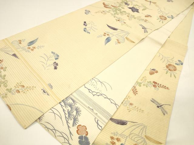 平和屋着物＊夏物 アンティーク 大正ロマン 両面 全通柄袋帯 引き抜き帯 駒刺繍 蜻蛉花蝶文 草花松文 正絹 逸品 DAAY8140cm