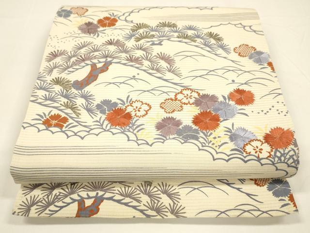 平和屋着物＊夏物 アンティーク 大正ロマン 両面 全通柄袋帯 引き抜き帯 駒刺繍 蜻蛉花蝶文 草花松文 正絹 逸品 DAAY8140cm