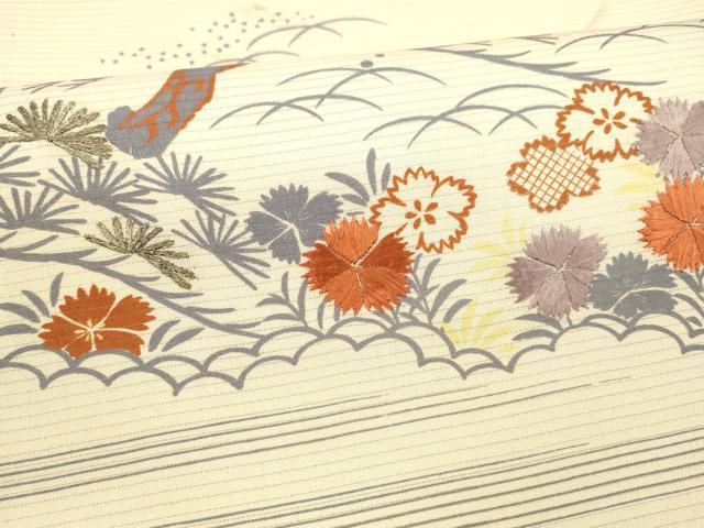平和屋着物＊夏物 アンティーク 大正ロマン 両面 全通柄袋帯 引き抜き帯 駒刺繍 蜻蛉花蝶文 草花松文 正絹 逸品 DAAY8140cm