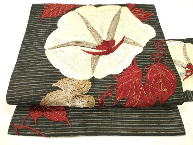 平和屋着物＊夏物 アンティーク 大正ロマン 九寸名古屋帯 駒刺繍 総刺繍 蔦の葉花文 朝顔 黒地 銀糸 正絹 逸品 DAAY8142cm