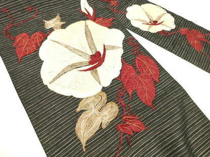 平和屋着物＊夏物 アンティーク 大正ロマン 九寸名古屋帯 駒刺繍 総刺繍 蔦の葉花文 朝顔 黒地 銀糸 正絹 逸品 DAAY8142cm